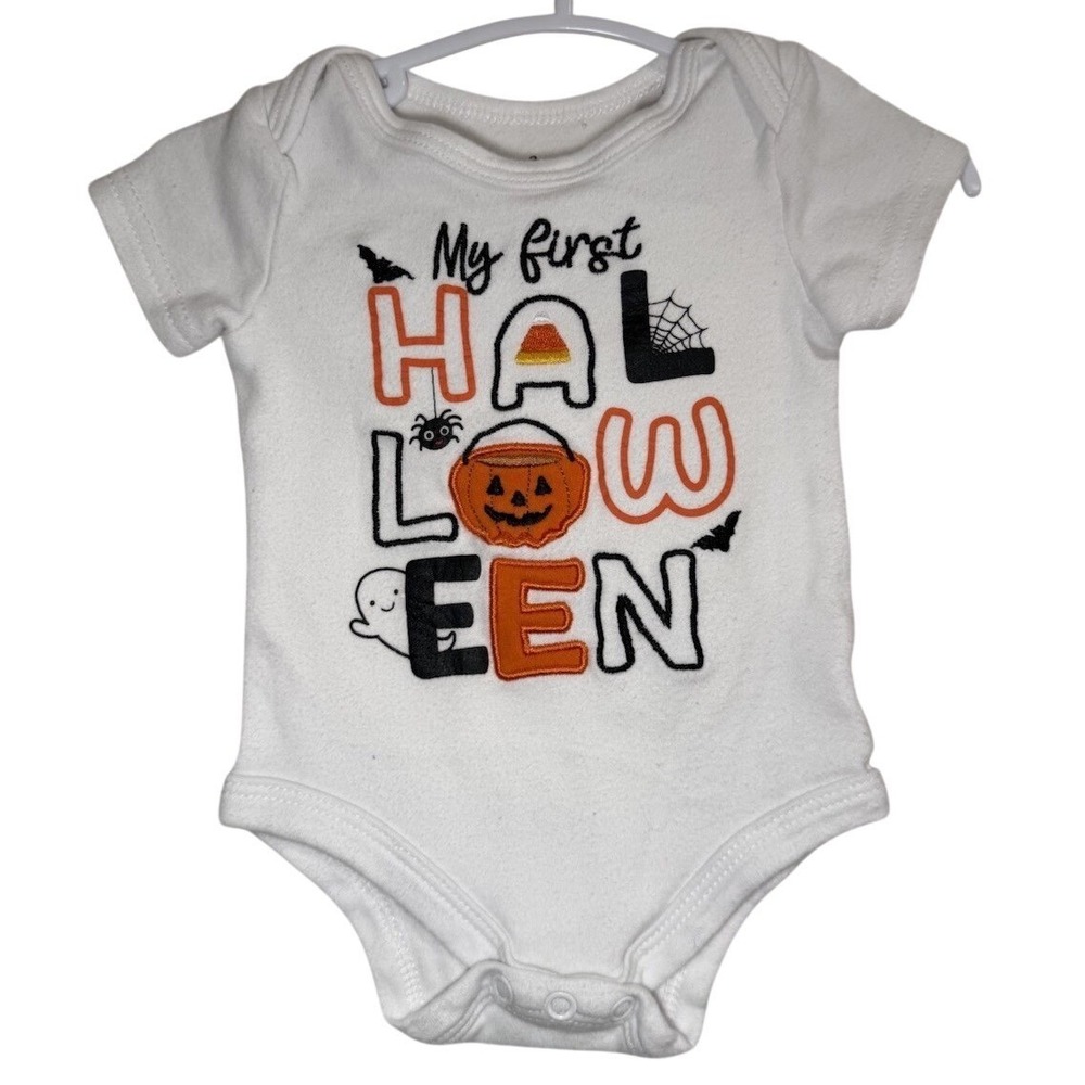 My First Halloween Baby White Bodysuit Size 3 Month Pumpkin Ghost Bats One Piece
